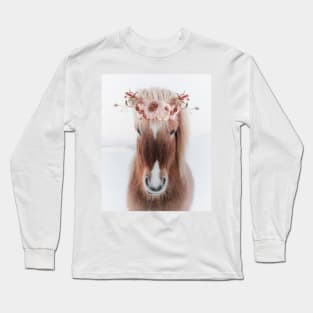 Icelandic Horse Portrait with Flowers Long Sleeve T-Shirt